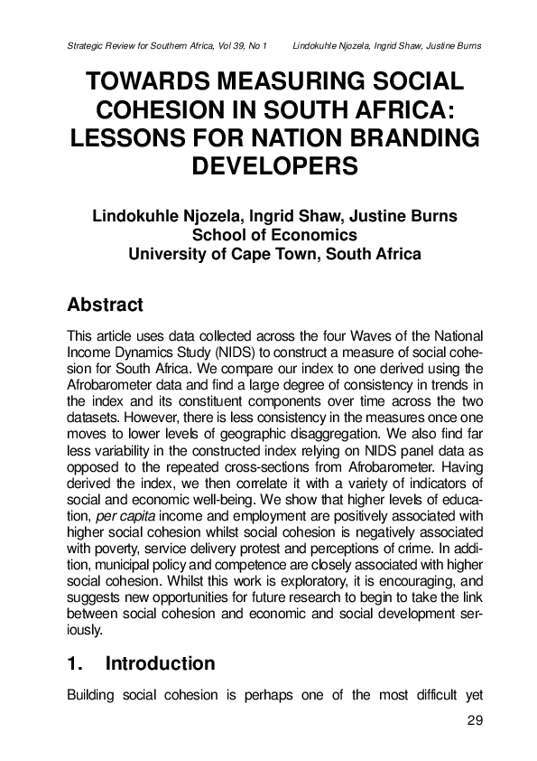 Towards measuring social cohesion in south Africa: Lessons for Nation Branding Developers