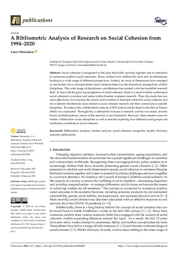 A Bibliometric Analysis of Research on Social Cohesion from 1994–2020