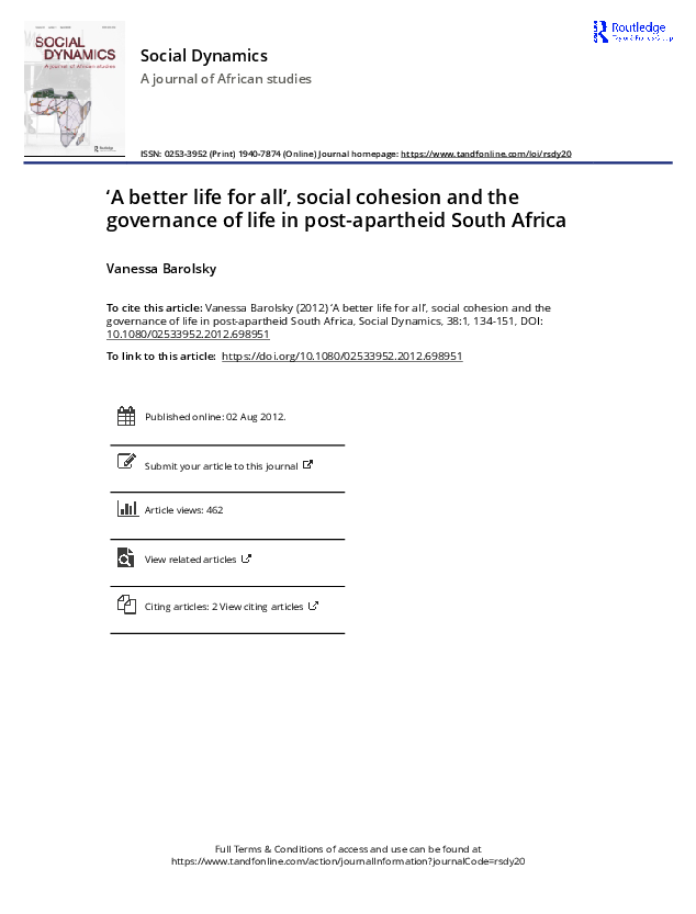 A better life for all, Social cohesion and the governance of life in post-apartheid South Africa