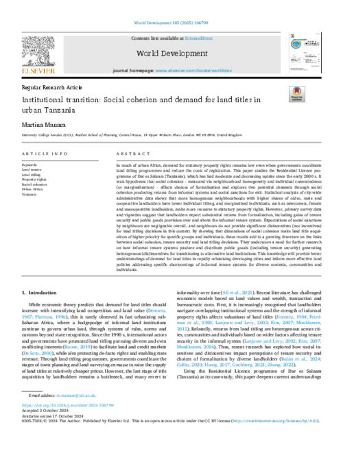 graph_publication_Institutional transition: Social cohesion and demand for land titles in urban Tanzania