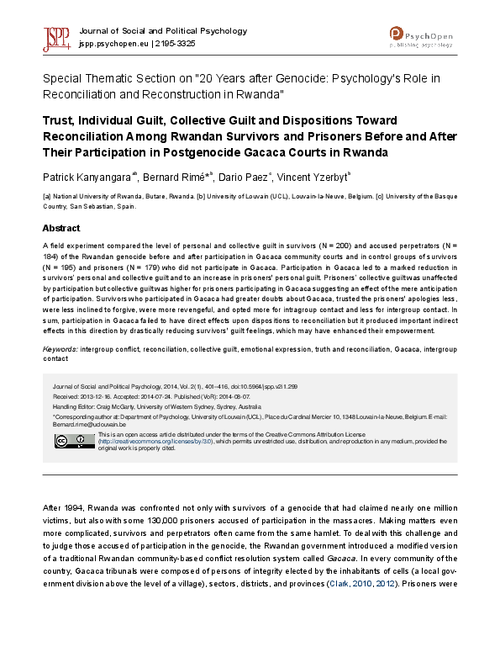 graph_publication_Trust, individual guilt, collective guilt and dispositions toward reconciliation among Rwandan survivors and prisoners before and after their participation in postgenocide gacaca courts in Rwanda
